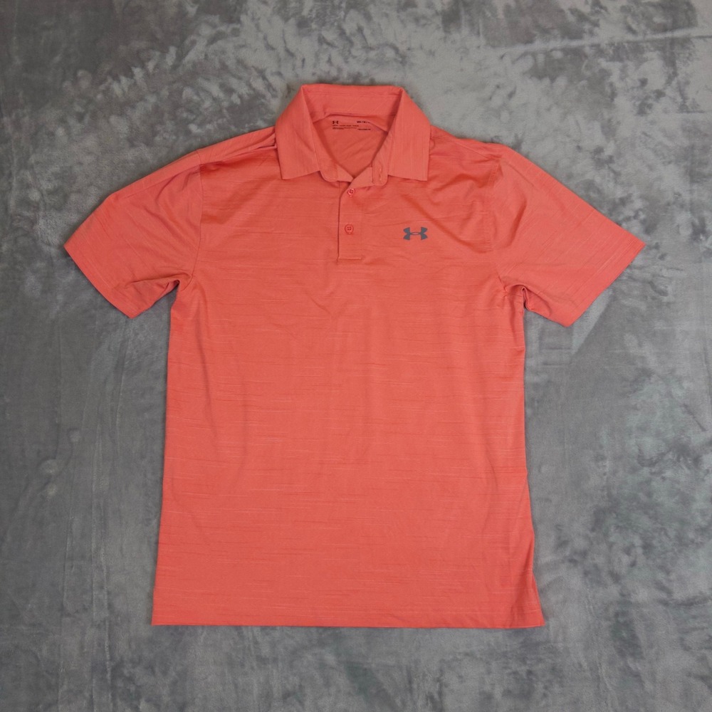Under Armour Polo Shirt Mens Medium Coral HeatGear Short Sleeve Golf Activewear